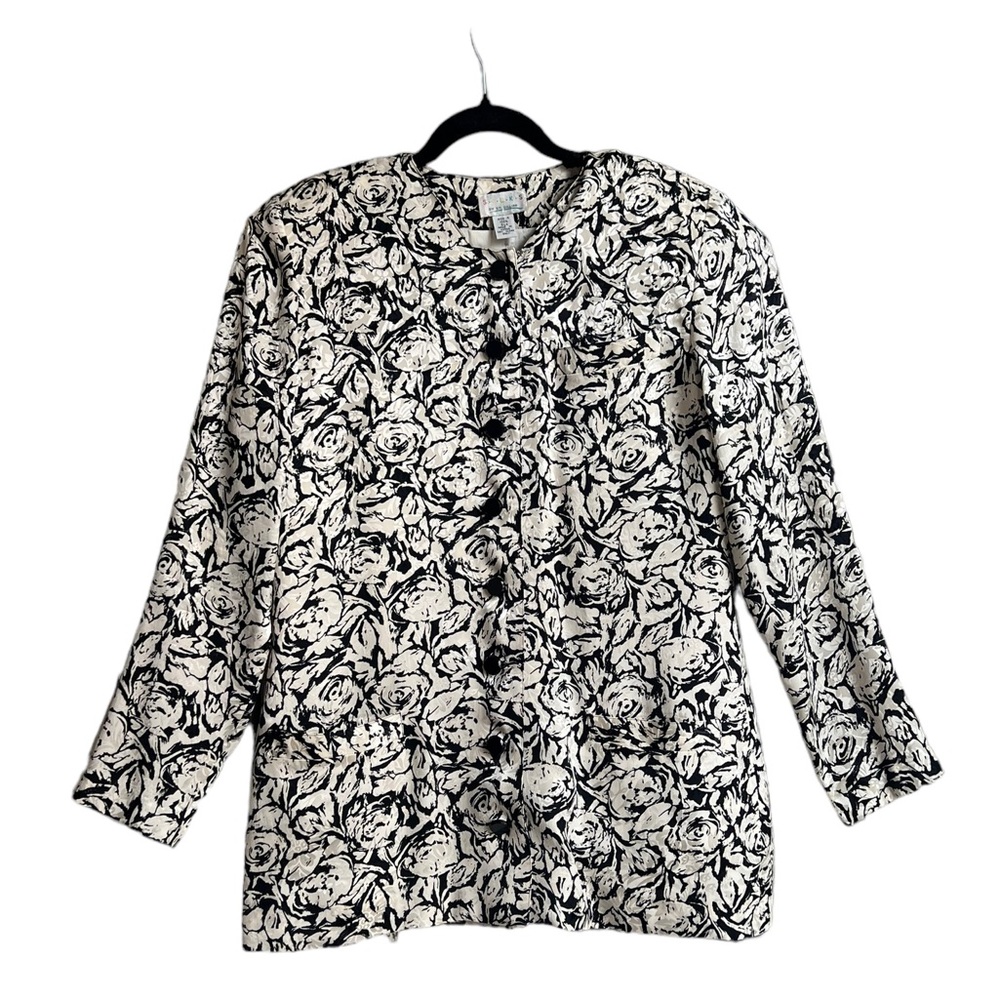 Vintage SILKS by St Gillian Black & White Floral Silk Button Down Blouse - 4